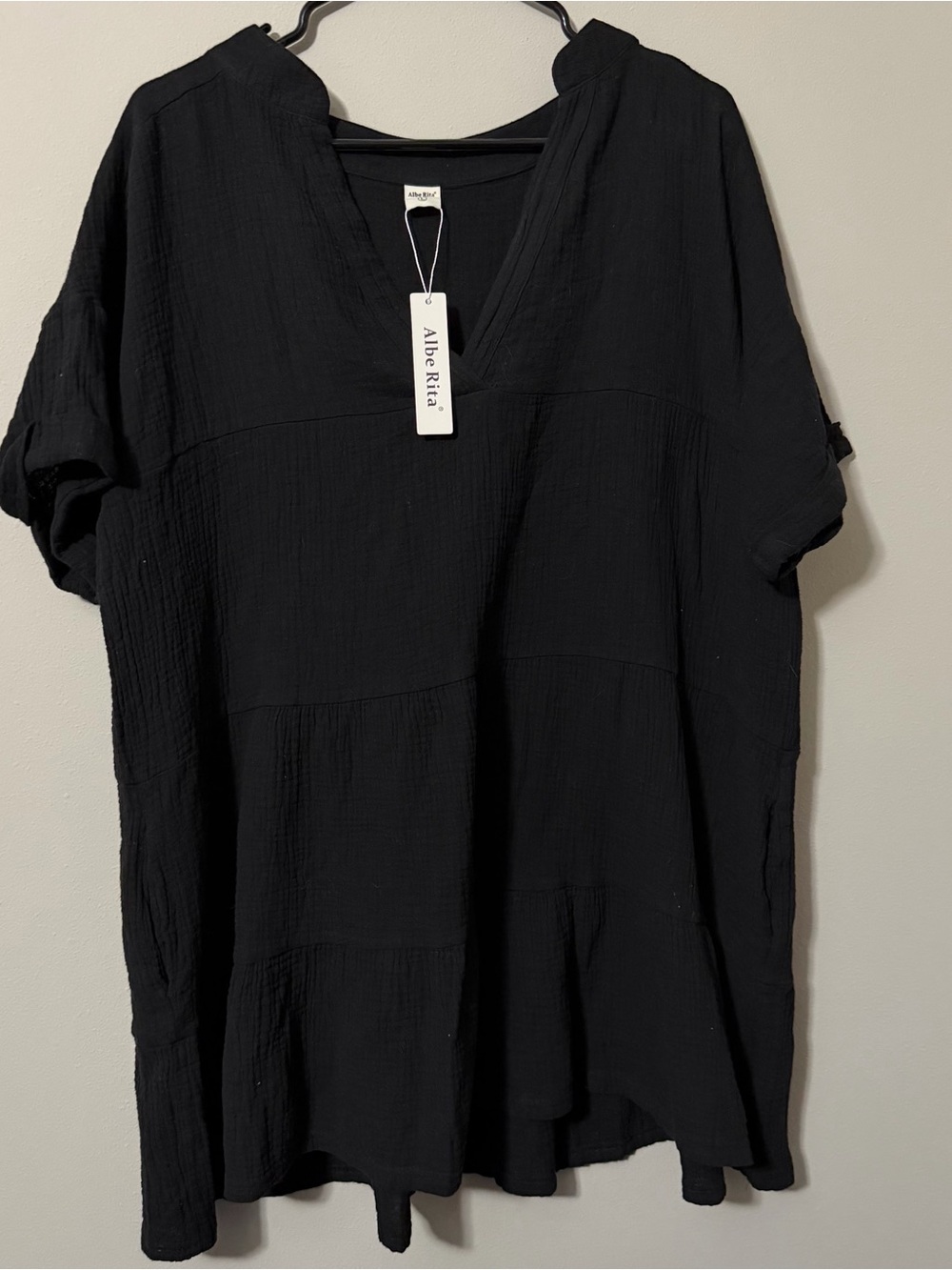 Black 100% Cotton Gauze Tiered Tunic Dress Size Large NWT